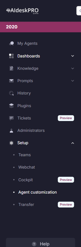 AI desk Pro Admin Center sidebar with Preview badges on Cockpit and Tickets