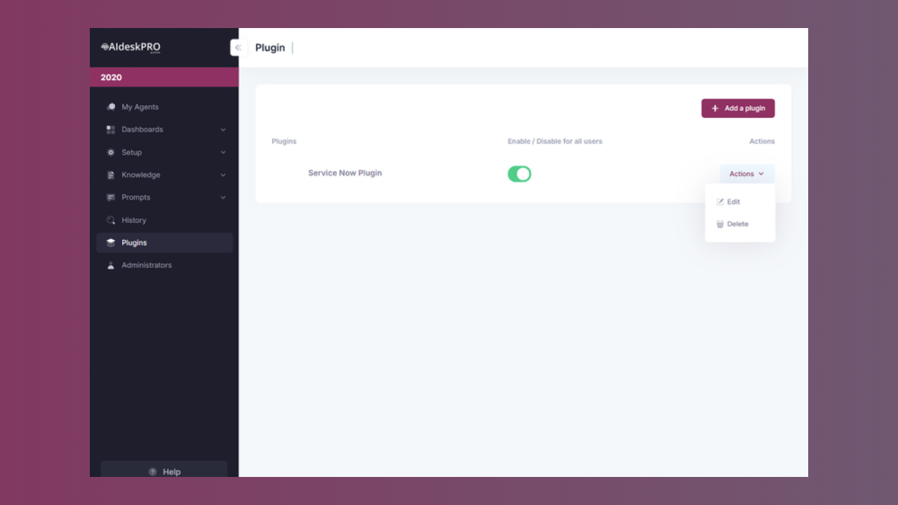 The Actions menu on a configured plugin, with Edit and Delete options
