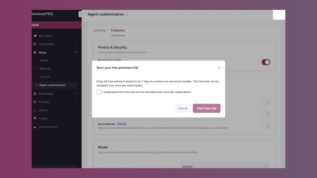 The free premium trial popup shown when selecting a premium model without an active premium pack