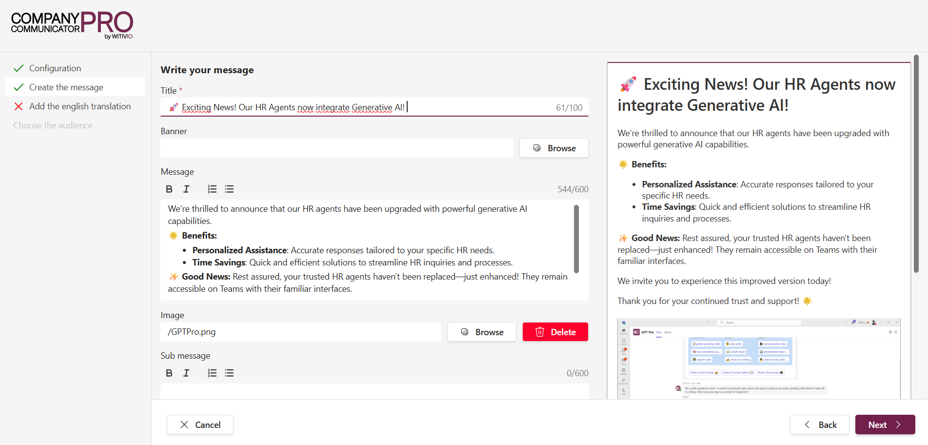 Company Communicator Pro Message