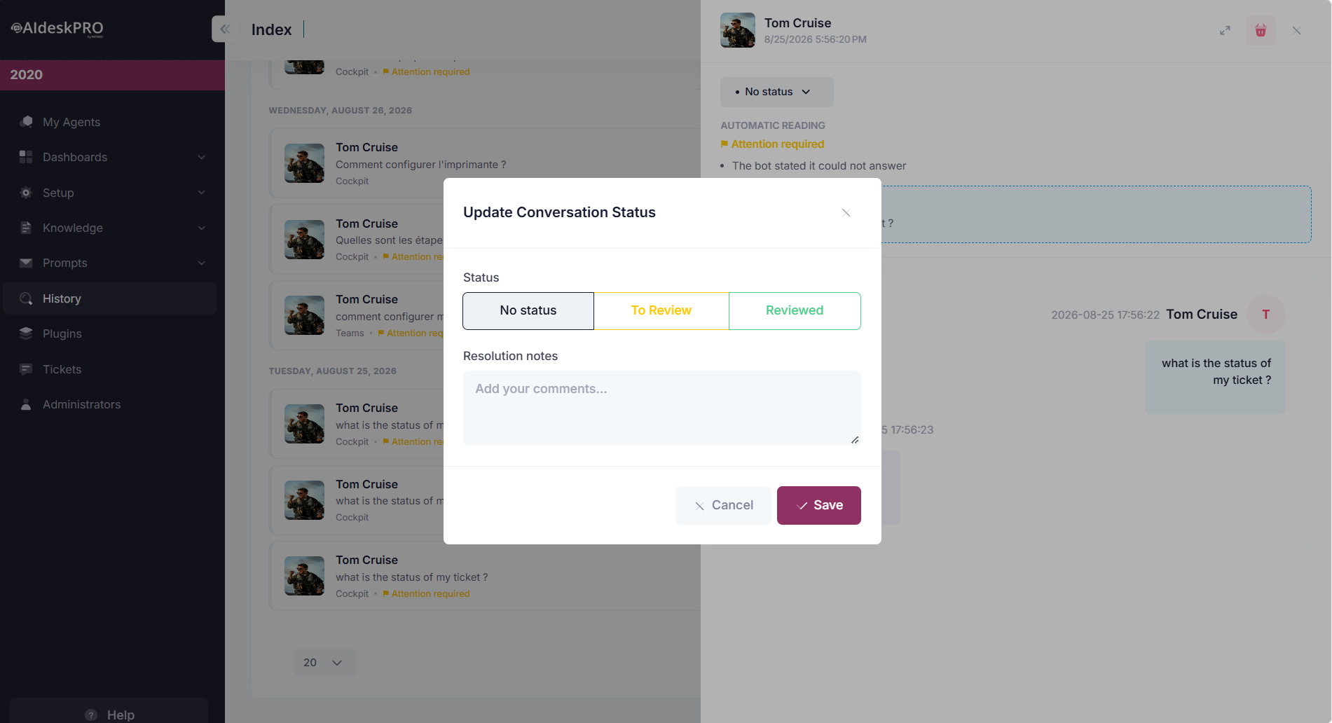 Updating a conversation's status in AI desk Pro Chat History, showing the β Attention required flags in the list and the Update Conversation Status window