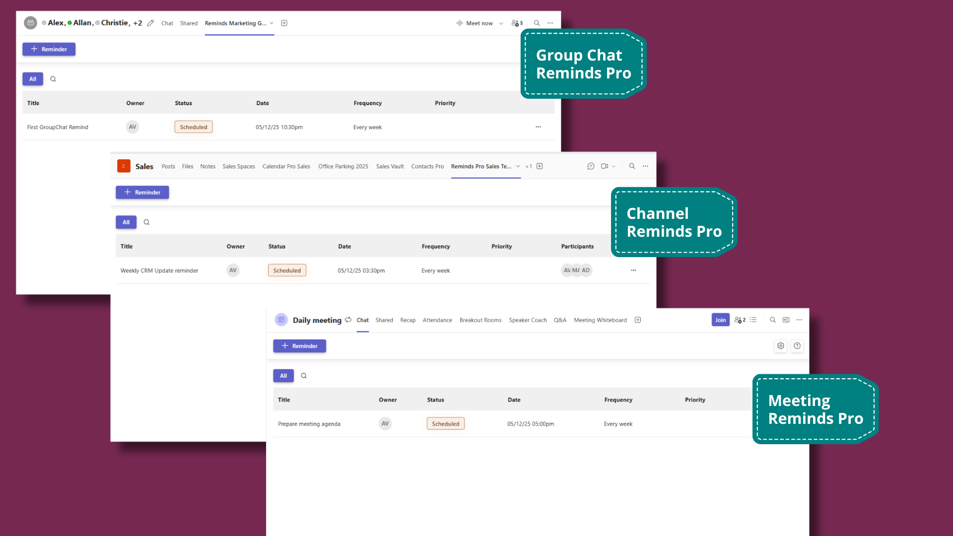 Add Reminds Pro to a channel or meeting